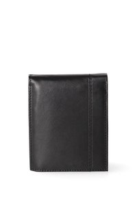 Portafoglio in pelle nera con una texture liscia, design a due pieghe e dettagli di cucitura visibili lungo i bordi. Presenta diverse fessure per carte.