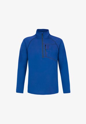 Plavi flis pulover s visokim ovratnikom i polu-zipom, sadrži džep na prsima sa patentnim zatvaračem i kontrastnim crnim šavovima. Glatka tekstura.