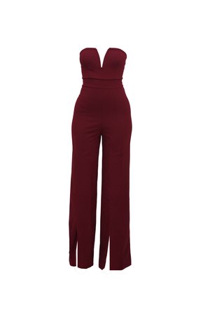Bordeaux strapless jumpsuit met een diepe V-hals, getailleerde top en brede, gespleten benen. Gemaakt van textuurstof met een gladde afwerking.