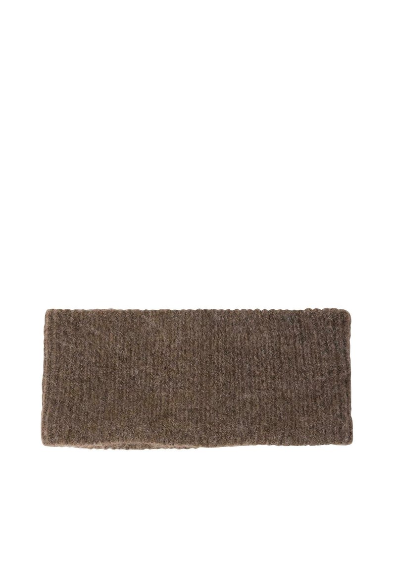 Gehaakte haarband in een rijke bruine kleur, gemaakt van zachte wol, met een gestructureerd patroon en een brede, rechthoekige vorm.