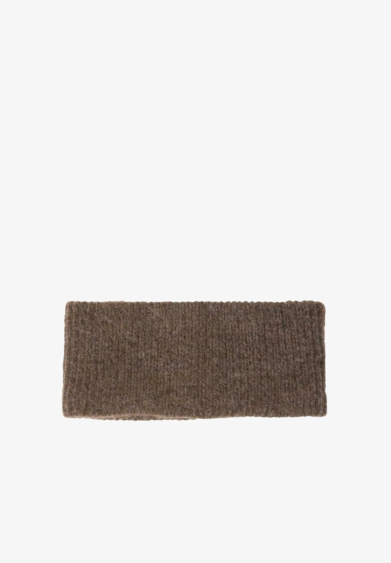 Dzianinowa opaska na głowę w bogatym brązowym kolorze, wykonana z miękkiej wełny, z fakturowanym wzorem i szerokim, prostokątnym kształtem.