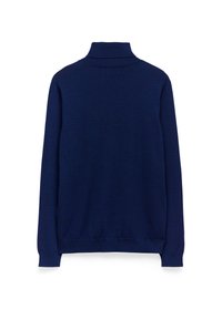 Navyblauer Rollkragenpullover aus weichem Strickmaterial, mit langen Ärmeln und geripptem Saum sowie Bündchen, in klassisch figurbetontem Schnitt.