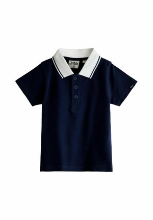 Marineblå kortærmet polo til småbørn med hvid krave, tre knapper foran og lille logo på venstre ærme.