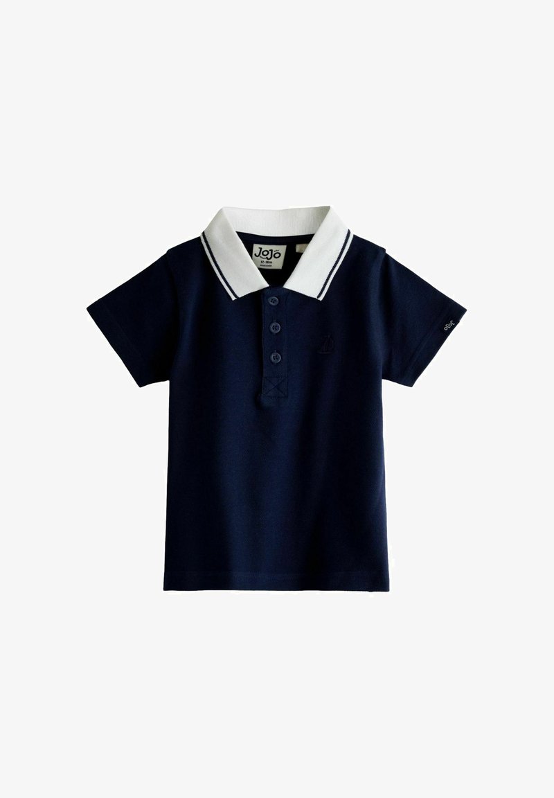 Tumesinine lühikeste varrukatega beebipolo särk valge krae, kolme esikinnise ja väikese logoga vasakul varrukal.