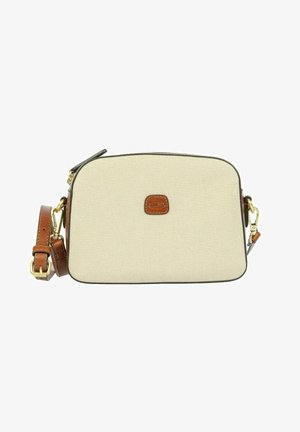 Sac bandoulière rectangulaire beige avec garniture en cuir marron, sangle réglable, fermoirs dorés et petite étiquette logo en cuir au centre devant.