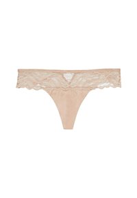 Nudefarbene Thong aus glattem Material mit einem Spitzenbund, der eine gewellte Kante und ein aufwendiges florales Muster aufweist.