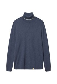 Maglione a collo alto di colore blu navy realizzato in tessuto morbido, con maniche lunghe, colletto a coste e una cucitura a contrasto chiaro lungo il collo.