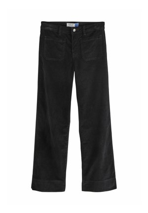Wide-leg black corduroy pants with a front button closure, five pockets, and stitched detailing along the seams and pocket edges.
