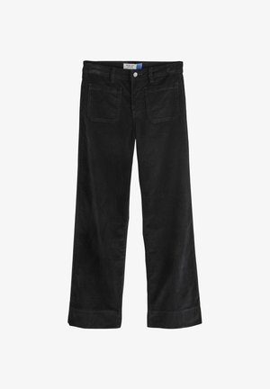 Vidbenade svarta kordfläckspants med framknappstängning, fem fickor och sömnadsdetaljer längs sömmarna och fickkanterna.