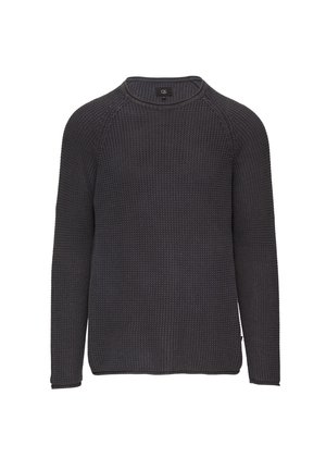 Donkergrijze gebreide trui met een gestructureerd patroon, ronde halslijn en lange mouwen. Voorzien van ribgebreide boorden en zoom, gemaakt van een zachte stof.