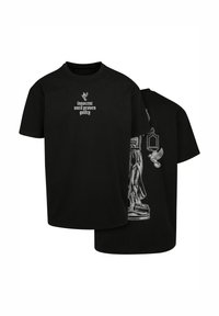 Schwarzes Baumwoll-T-Shirt mit einem vorderen Textgrafik "unschuldig bis zur Schuld bewiesen" und einer detaillierten Abbildung einer Statue auf der Rückseite.
