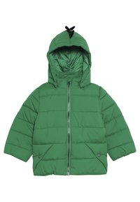 Giacca verde imbottita con cappuccio, dotata di chiusura a zip, tasche laterali, design trapuntato testurizzato e un accento nero sul cappuccio.