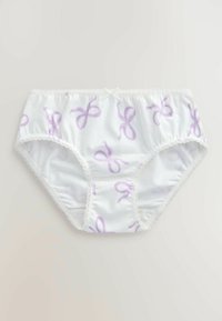 Valged satiinist naiste püksikud lillas triibulise lipsutriibu ja pitsäärega, mille vöökohal on väike valge lips.