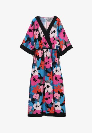 Maxi obleka s cvetličnim vzorcem v črni, roza, modri in rdeči barvi. Ima V-izrez, kratke rokave in nastavljiv pas z vrvico.