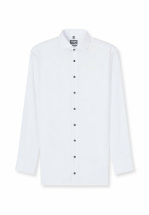 Weißes Langarmhemd mit einem Button-Down-Kragen, versehen mit schwarzen Knöpfen an der Vorderseite und einer glatten Stoffstruktur.