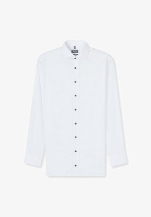 Weißes Langarmhemd mit einem Button-Down-Kragen, versehen mit schwarzen Knöpfen an der Vorderseite und einer glatten Stoffstruktur.