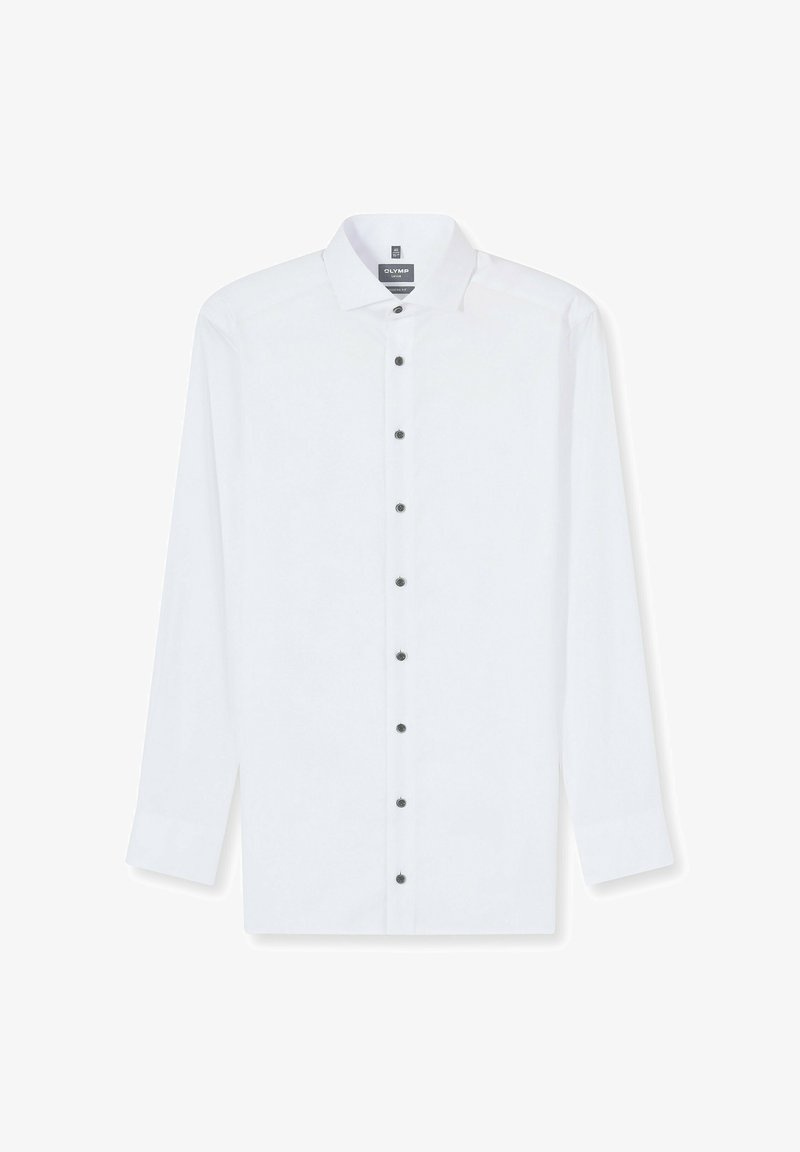 Weißes Langarmhemd mit einem Button-Down-Kragen, versehen mit schwarzen Knöpfen an der Vorderseite und einer glatten Stoffstruktur.