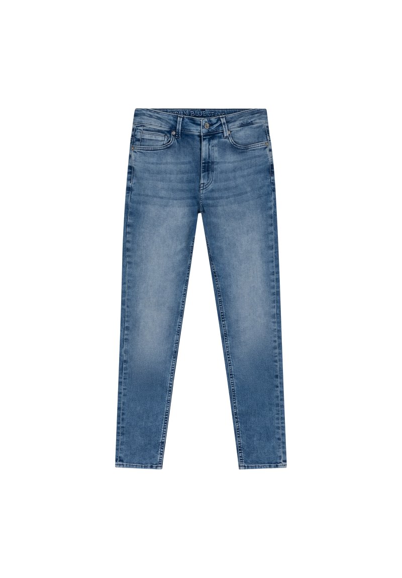 Jeans in denim azzurro chiaro con vestibilità slim, design a cinque tasche, leggera scoloritura e chiusura con zip.