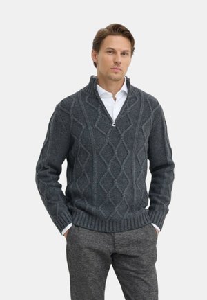 Maglione grigio scuro a maglia con colletto a zip, caratterizzato da un motivo a cavo a rombi e polsini a costine. Indossato sopra una camicia bianca.