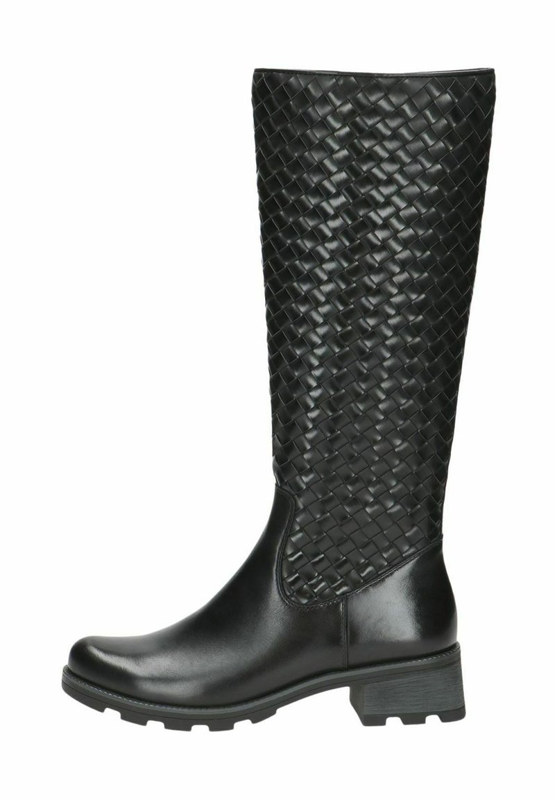Botas de cuero negras hasta la rodilla con textura trenzada en la parte superior, acabado suave en la parte inferior y tacón cuadrado.