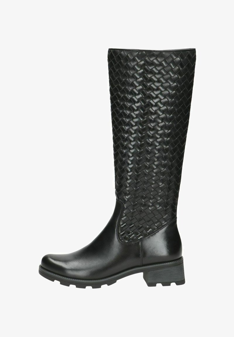 Botas de cuero negras hasta la rodilla con textura trenzada en la parte superior, acabado suave en la parte inferior y tacón cuadrado.