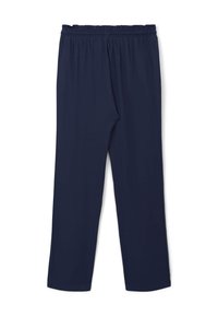 Pantalon bleu marine, léger, à taille élastique avec une coupe droite et une texture lisse. Sans poches visibles ni motifs.
