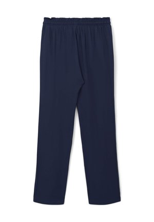 Pantalon bleu marine, léger, à taille élastique avec une coupe droite et une texture lisse. Sans poches visibles ni motifs.
