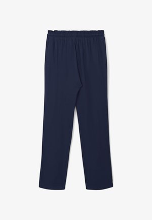 Pantalon bleu marine, léger, à taille élastique avec une coupe droite et une texture lisse. Sans poches visibles ni motifs.