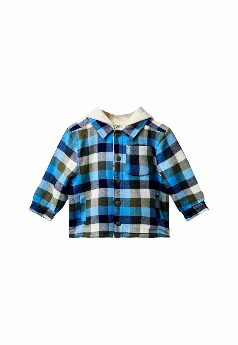 Giacca plaid blu, verde e bianca con cappuccio di colore chiaro, chiusura davanti con bottoni e tasche laterali. Tessuto in flanella morbido, maniche lunghe.