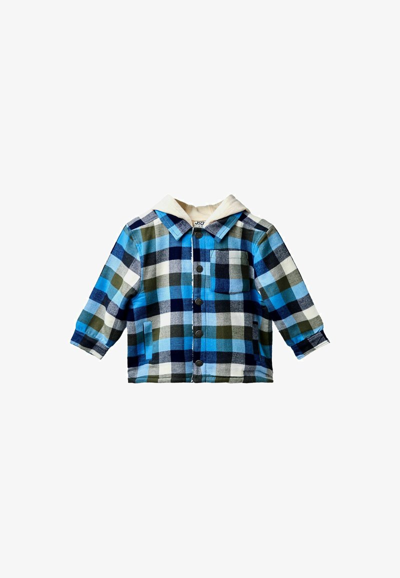 Giacca plaid blu, verde e bianca con cappuccio di colore chiaro, chiusura davanti con bottoni e tasche laterali. Tessuto in flanella morbido, maniche lunghe.