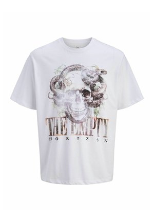 Maglietta bianca con grafica di un teschio avvolto da un serpente e la scritta "THE EMPTY HORIZON" sotto il disegno.
