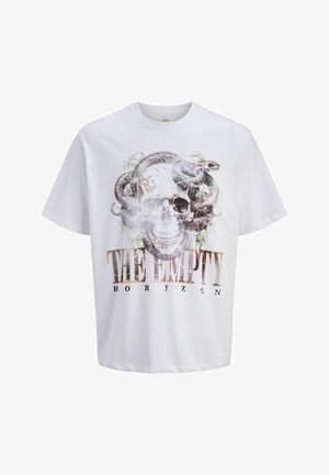 Maglietta bianca con grafica di un teschio avvolto da un serpente e la scritta "THE EMPTY HORIZON" sotto il disegno.