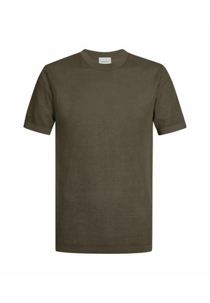 Olivengrøn kortærmet T-shirt lavet af tekstureret stof; har en ribstrikket rund hals og opbukket ærmer. Glat, minimalistisk design.