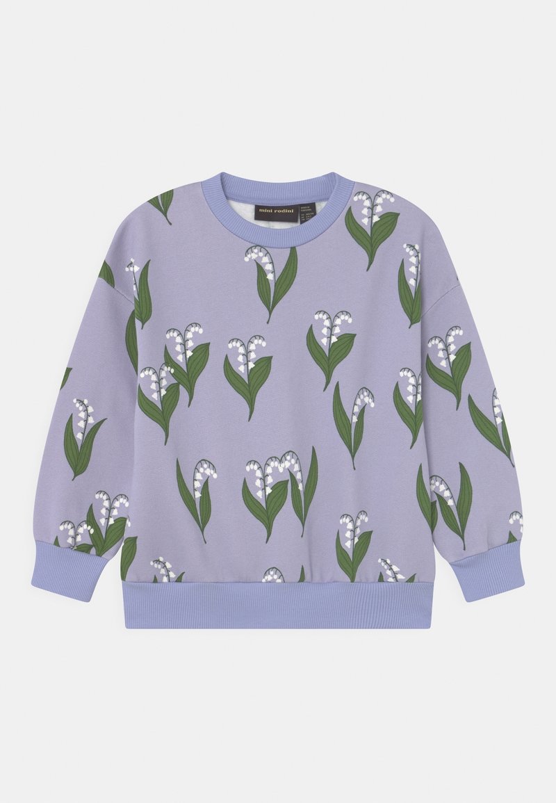 Sweatshirt lilas présentant un motif floral de fleurs de muguet blanches avec des feuilles vertes, des poignets côtelés et un col rond.