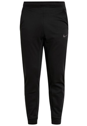Schwarze Nike-Jogginghosen aus weichem Polyester, mit elastischem Bund, schlanken Beinen und einem kleinen grauen Logo auf dem linken Oberschenkel.