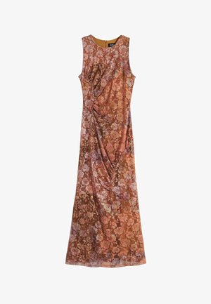 Langes, ärmelloses Kleid aus einem floral gemusterten Stoff in Rosé- und Mauvetönen, mit einem drapierten Design und einem schlichten Ausschnitt.