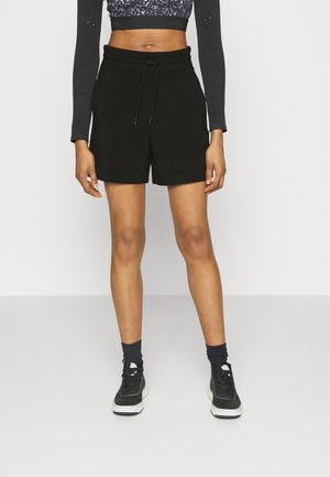 Pantaloni corti neri in cotone con fascia elastica in vita e cordoncino regolabile, caratterizzati da una vestibilità comoda e orlo dritto.