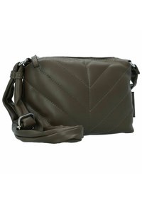 Olivengrüne Leder-Umhängetasche mit einem gesteppten Chevron-Design. Verfügt über einen Reißverschluss, einen verstellbaren Tragegurt und silberne Hardware-Akzente.