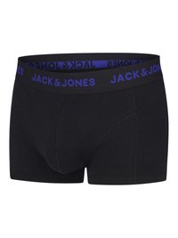 Boxer shorts de algodón negro con una cinturilla elástica azul, que presenta el texto "JACK & JONES" repetido alrededor de la banda. Diseño ajustado y elástico.
