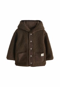 Child’s dark brown fleece jacket with hood, snap button closure, and two front textured pockets on plain white background.