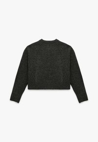 Mørkegrå cropped strikketrøje med lange ærmer og rund halsudskæring, vist fra bagsiden mod en hvid baggrund.