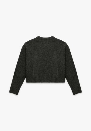 Maglione a maglia corto grigio scuro con maniche lunghe e scollo rotondo, mostrato di spalle su uno sfondo bianco.