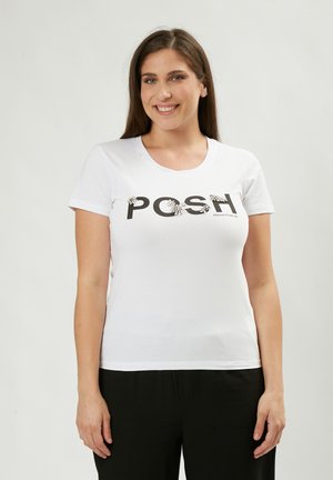 Weißes Baumwoll-T-Shirt mit kurzen Ärmeln und rundem Halsausschnitt. Verziert mit dem kräftigen schwarzen Schriftzug "POSH", geschmückt mit kleinen floralen Verzierungen.