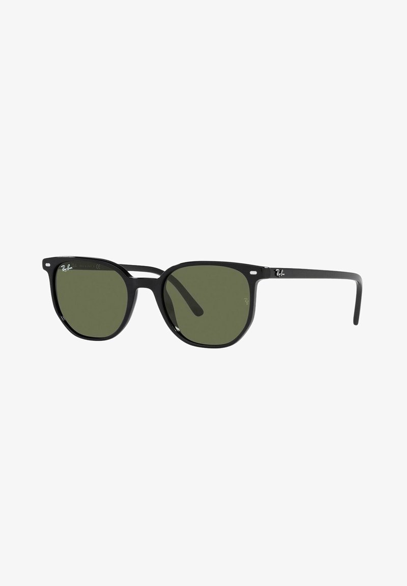 Occhiali da sole in acetato nero con lenti verdi, forma cat-eye arrotondata, con un logo discreto sulle astine e una finitura liscia.