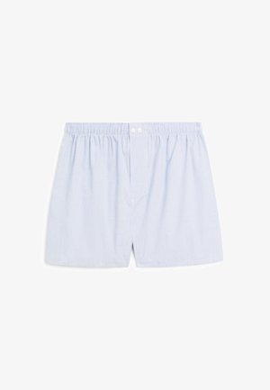 Lyseblå bomuldsboxershorts med en elastisk talje, prydet med to frontknapper. Stoffet har en subtil stribet tekstur.