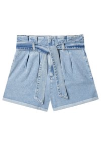 Lichtblauwe denimshorts met een hoge taille, plooien, opgerolde zomen en een bijpassende stoffen riem die aan de voorkant is gestrikt.