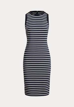 Μπλε ναυτικό και λευκό ριγέ φόρεμα χωρίς μανίκια με εφαρμοστή σιλουέτα, που διαθέτει κουμπιά στον ώμο και στρογγυλή λαιμόκοψη. Κατάλληλο για καθημερινή χρήση.