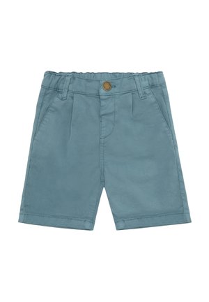 Blauwe katoenen peutershorts met een elastische tailleband, riemlussen, zijzakken en een knoopsluiting aan de voorkant.