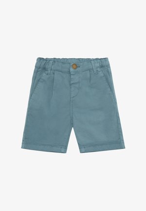 Pantalones cortos de algodón azul para niños pequeños con cintura elástica, trabillas para cinturón, bolsillos laterales y cierre frontal con botón.
