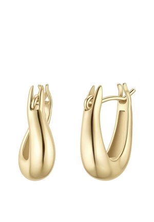 Par polerede guldringeøreringe med et moderne, snoet design og hængslet lukning vist på en hvid baggrund.